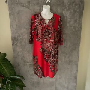TIANA B. DRESS PLUS Size 22W Paisley Red 3/4 Sleeve Knee Length Pullover USA